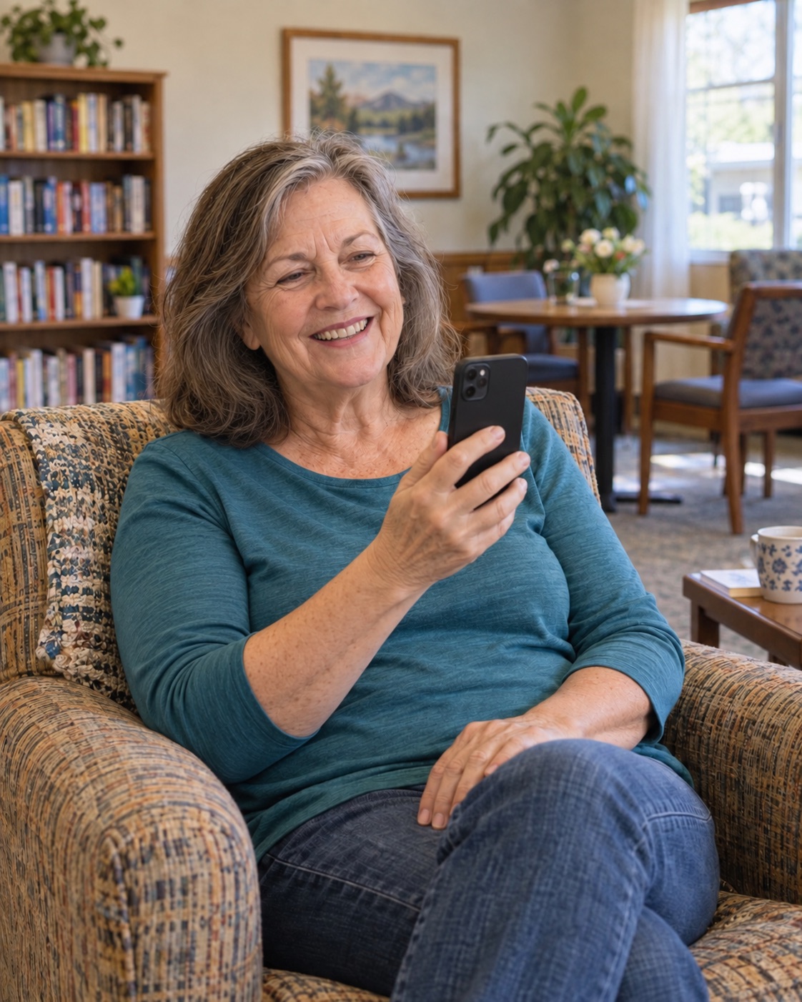 Independent woman around 60 using a smartphone in a welcoming assisted-living community room