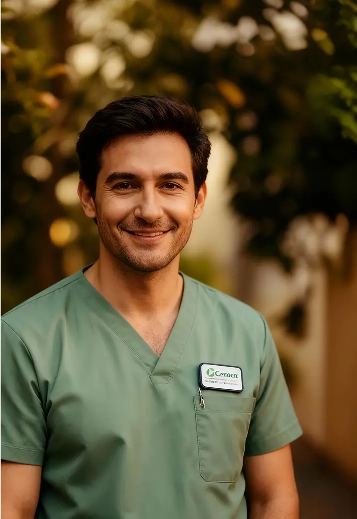 Smiling man in care clothing outdoors